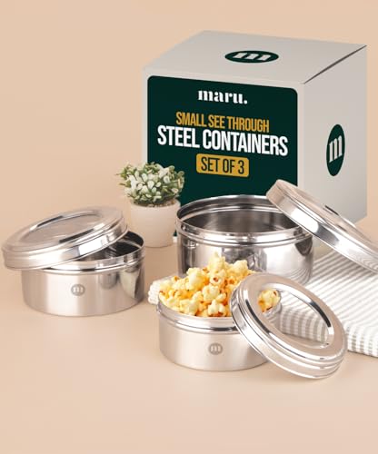 Image of MARU Stainless Steel Dabba Set for Kitchen with Transparent Lids Set of 3 (500ml, 750ml, 950ml), Stackable See-Through Containers for Everyday Use, Ideal for Storing Food, Snacks, Chapati & More