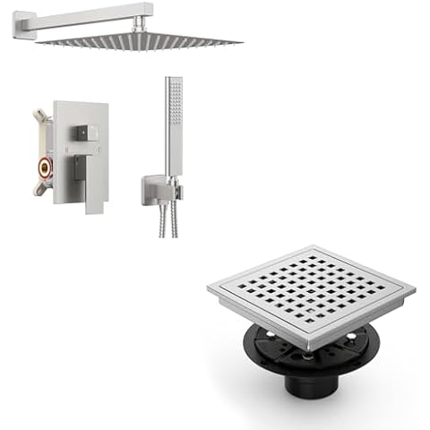 Iriber Brushed Nickle Shower System 10 Inch High Pressure Rainfall Shower Head Brass Shower Set and Iriber 6 Inch Square Shower Floor Drain with PVC Shower Drain Base, SUS 304 Stainless Steel Cover
