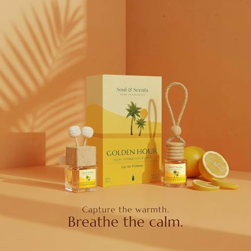 Image of Soul & Scents 16ml Luxury Car Perfumes Vanilla | Golden Hour | 2-in-1 Hanging Pod & AC Vent Air Freshener | Premium Wooden Car Fragrance Accessory | Long Lasting Odour Eliminator | Pack of 2