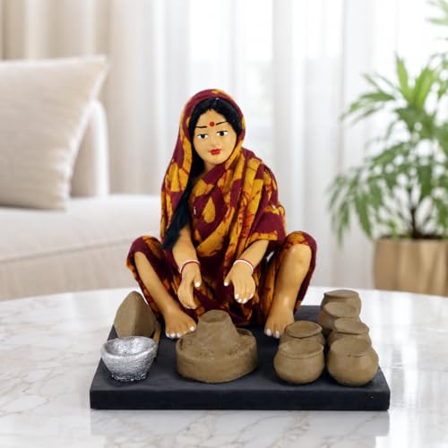 Image of Krishnanagar Handmade Clay Woman Potter Miniature Idol | Basic Terracotta Sitting Human Figurine | Traditional Indian Home Decor & Gift Showpiece