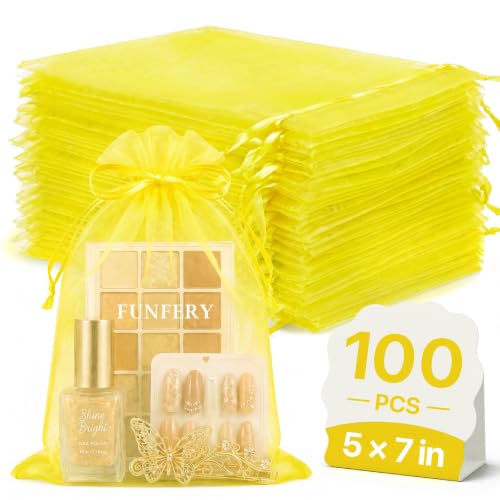 Image of FUNFERY 100PCS Lemon Yellow Organza Gift Bags 5x7in,Drawstring Pouch