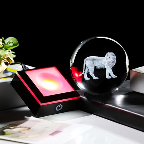 Image of Arikyrist 3D Lion Figurine Crystal Ball with LED Base Laser Lion Gifts for Men Women on Christmas Birthday Decorative Lion Statue Ball Glass Animals Globe Night Light for Home Decor (80mm)