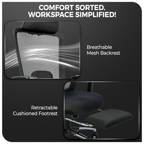 Image of CELLBELL Ergoglide FT Ergonomic Mesh Office Chair with Footrest Fixed Headrest Lumbar Armrests Synchro Tilt 3 Lock Class 3 Hydraulic Chrome Base 60mm Wheels High Back Work Chair (Black)