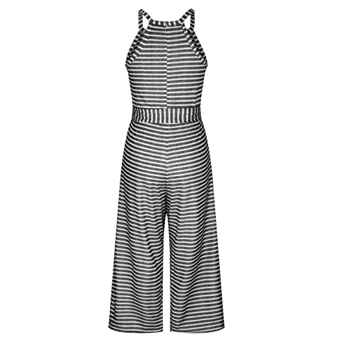 Women Summer Sreiped Printing Round Neck Sleeveless Waist Tie Pockets Long Playsuits Rompers Jumpsuit #TOP4