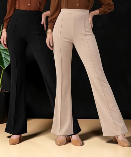 Image of Women Solid Flared Trousers Pack of 2 | High Waist Stretchable Office Pants for Women | Formal Bell Bottom Palazzo Trouser Combo