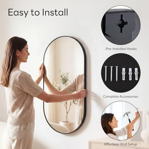 Image of Sweetcrispy 24 inch x 36 inch Black Bathroom Mirror for Wall, Oval Wall Mirror with Metal Frame, Tempered Glass, Modern Vanity Mirror for Over Sink, Living Room, Bedroom, Entryway, Horizontal or Vertical