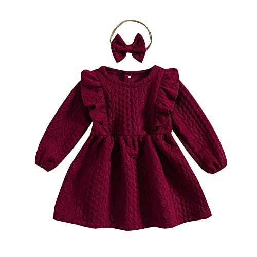 Baby Girl Knit Dress Long Sleeves Sweater Dress Toddler Fall Winter Outfits with Bowtie