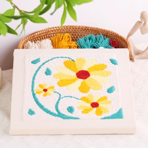 Image of Allazone Punch Needle Embroidery Kit - Square Frame with Flower Pattern, Hoop, Yarns, Beige and Yellow