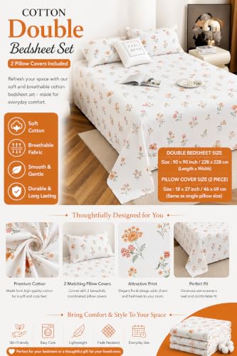 Image of IVAZA 240 TC Soft Ezyption Cotton Floral Print King Size Bedsheet - with 2 Pillow Covers, Hypoallergenic, Brethable, (Size- 90 x 90 Inch) White Rust