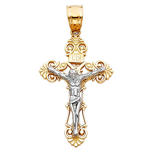 14K Real Gold Crucifix Pendant for Men & Women – Two-Tone Jesus Cross Charm Necklace – Solid Gold Religious Jewelry, 27x16mm, Stamped 14K – Catholic Christian Gift
