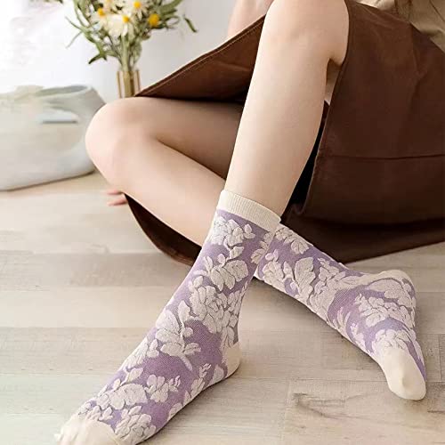 Image of DXYAKY 5 Pairs Womens Floral Cotton Socks Vintage Patterned Crew Socks Novelty Ankle Ruffled Warm Casual Dress Socks