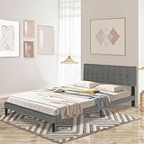 Froadp Letto imbottito 140 x 200 cm - Telaio letto matrimoniale con doghe in legno di lino, testiera imbottita con bottoni, struttura letto per camera da letto, design moderno (grigio scuro)