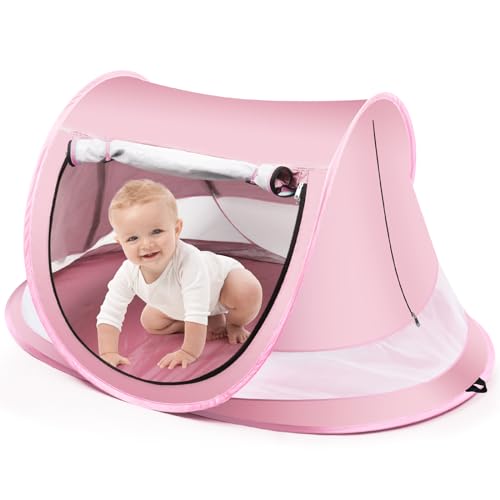 Baby Beach Tent, Large Pop Up Beach Tent Sun Shade with Mosquito Net, UPF 50+ UV Protection Sun Shelter (Pink)