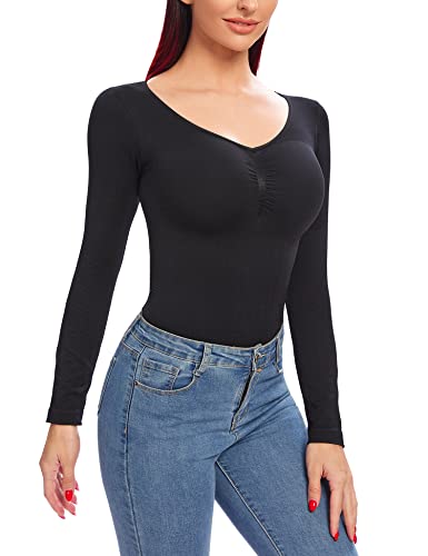 Womens Thermal Tops Long Sleeve V neck Warm Undershirt Scrub Top Lightweight Base Layer Compression Shirt Shaper Under Shirt Black S