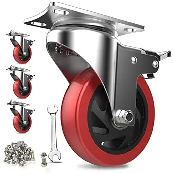 COOWOO 4-Inch Caster Wheels with Brakes, Heavy Duty, Single Load Capacity 39.7 lbs (175 kg), 360 Degree Rotation, Quiet, Set of 4, Mute Series DIY Furniture Replacement Kit, Wheel Diameter 3.9 inches (100 mm), Red