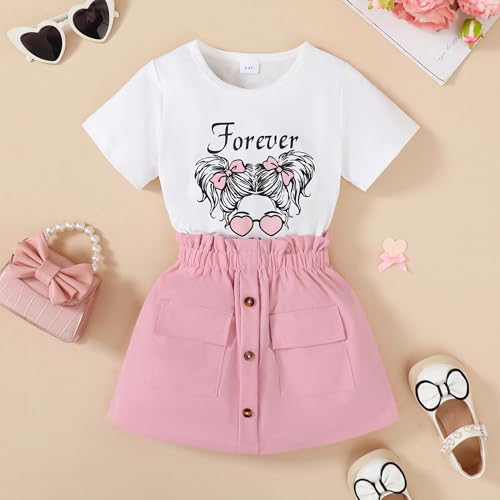 Image of Toddler Girl Clothes 2-8T Girls Skirt,White Short Sleeve Letter Print Top + Summer Short Skirt 2PCS Girls Outfits Set