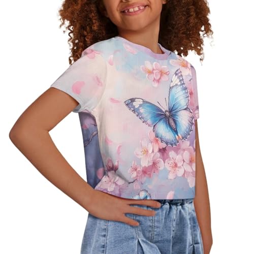 Image of Girls Crop Tops Cute Short Sleeve Shirts Fashion Tees for Kids Casual Crewneck Blouses Size 8-16 Years