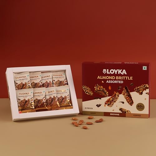Image of Loyka Almond Brittle Assorted Choco Box - 8 pcs 116gm | Premium Chocolate Gift Hamper | Choco & Nut Dryfruit Delicacy | Roasted California Almonds (40%), Dark Choco & Salted Caramel |