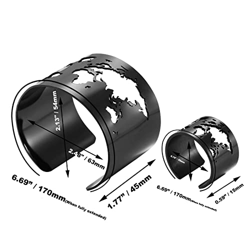 Wide Open Cuff Bangle Bracelets Finger Ring Set Gifts For Women,Stainless Steel Broad Chunky Black World Map Engraved Bangles,Silver Adjustable Large Wrist Wrap Boho Bracelet Thumb Ring Band Set(Gun Black) #TOP1