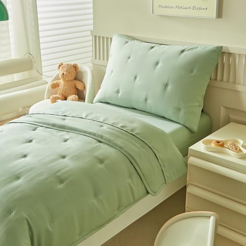 Image of DuShow Green 4 Pieces Toddler Bedding Set for Boys Girls,Embroidery Microfiber Crib Bed Sheets Set Soft Boho Comforter Set Bed in a Bag,Include Quilted Comforter,Flat Sheet,Fitted Sheet,Pillowcase