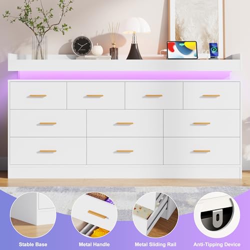 Image of Hlivelood 10 Drawer Dresser with LED Lights & Charging Station, Wide Wooden Chest of Drawers for Bedroom, Storage Organizer Cabinet, Modern TV Stand Dresser for Closet, Living Room, Hallway, White