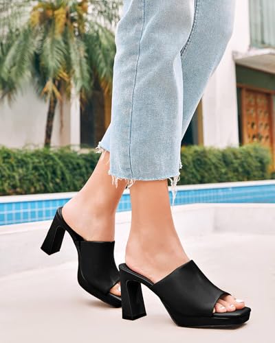 Image of Womens Platform Chunky Heels Mules Square Open Toe High Heeled Sandals Slip On Slides Dress Shoes