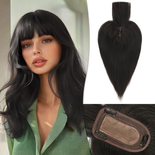RUWISS Cabello Humano para Mujeres Corona de Extensiones de Cabello Corto Pelucas para el Adelgazamiento del Cabello 7.5*13CM Base de Seda 100% Cabello Humano Clip in Topper 30cm 40g （Negro natural）