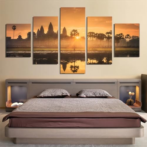 Tableau Angkor Wat Cambodge en 5 pièces pour décoration murale moderne de salon