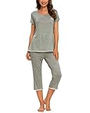 MINTLIMIT Damen Capri Pyjama Schlafanzug Kurzarm Nachthemd Caprihose Zweiteilig Hose (Hellgrau,Größe XXL)