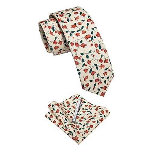 Image of YourTies Cotton Floral Tie for Men 2.5 inch Printed Skinny Necktie Pocket Square Tie Clip Set Flower Wedding Party Groom