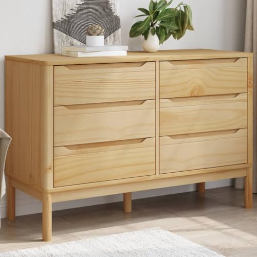Ordellia FLORO Cómoda de madera maciza de pino encerado, 6 cajones, 111 x 43 x 73,5 cm, espacio de almacenamiento para pasillo, salón, dormitorio, oficina, pasillo