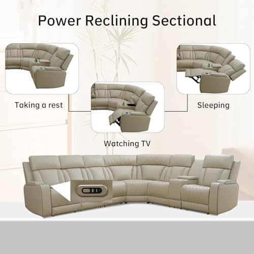 Image of Power Reclining Sectional Sofa for Living Room - Reclining Couch with Console, Cup Holders, USB Ports and LED Lights, L-Shaped Home Theater Seating Set