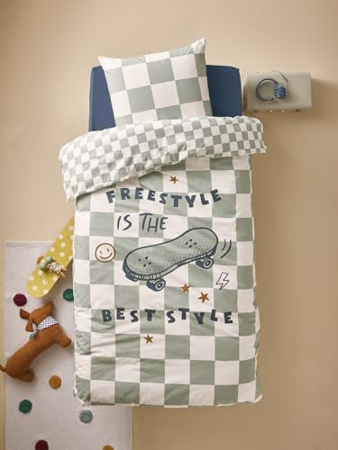 VERTBAUDET Parure Housse de Couette Enfant et taie d'oreiller Damier Freestyle, avec Coton recyclé Carreaux Vert 140X200 50X75