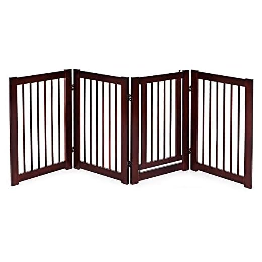 COSTWAY 61/76,5 x 207cm Hondenhek binnen, configureerbaar opvouwbaar vrijstaand veiligheidshekje, houten hondenhek met poort (207 x 76,5cm / 4-delige)