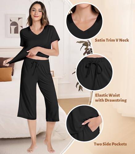 Image of NACHILA Bamboo Viscose Women's Pajamas Set Short Sleeve Pjs and Capri Pants