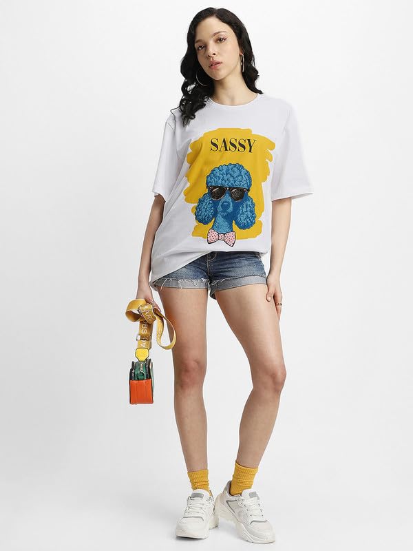 Image of JUNEBERRY Pure Cotton Oversized Fit Drop Shoulder Stylish & Front & Back Graphic Printed Round Neck T-Shirt Combo for Women (Pack of 2)