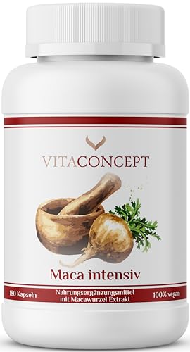 VITACONCEPT I Maca intensiv I 10000 mg pro Kapsel (20:1 Extrakt aus 500 mg) I 180 Kapseln I laborgeprüft I vegan I höchste Pharma-Qualitätskriterien I Made in Germany