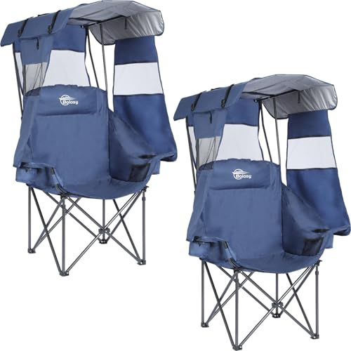 2 Pack Camping Chair with Canopy Oversized Beach Chair with Canopy Shade Folding Canopy Chair for Camping, Beach, Fishing, Sports - High Back, Padded Headrest, Cup Holder, Pocket - Support 400 LBS