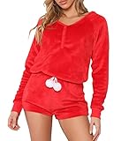 Minetom Jumpsuit Damen Weihnachten Overall Pyjama Kurze Onesie Fleece Schlafoverall Einteiler Mädchen Flauschig Hausanzug A Rot L