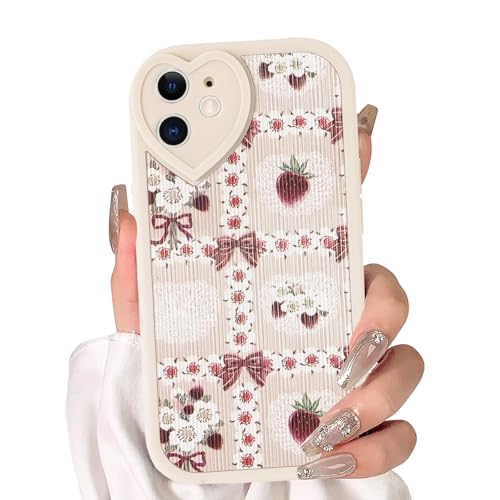 lioscre Compatible for Apple iPhone 12 6,1" Coquette Flower Print Phone Case,Cute Floral Bow Strawberry Pattern Design Aesthetic Theme Love Lens Funda Protective Bumper for Women Men Girly Cover,1