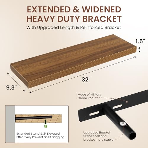 Image of Dreamland 32 Inches Floating Shelves for Wall, 9.3 inch Deep Long Floating Shelves Set of 2, Large Display & Storage Shelf, Wall Shelf for Bathroom Bedroom Living Room Kitchen Office, Walnut