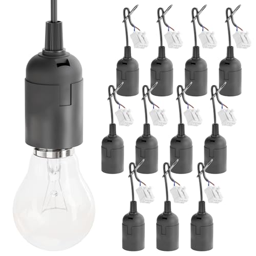 greate 12er Pack Baufassung E27 schwarz mit Schnellverbinder - Glühbirnen Lampenfassung inkl. Zugentlastung - Baustellenlampe Fassung für max. 60W 250V aus Kunststoff - Baulampe mit Kabel