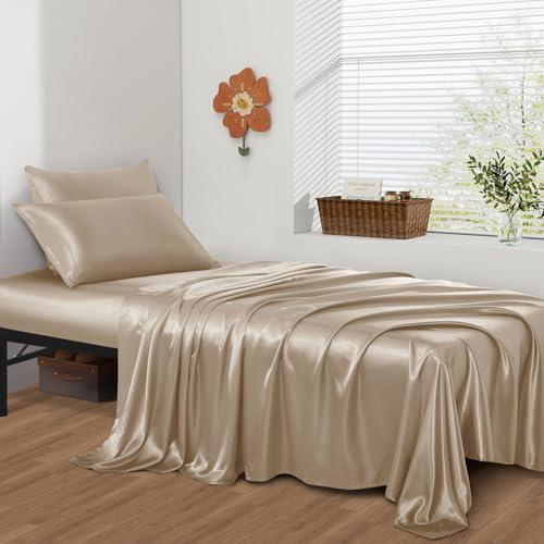 Image of SiinvdaBZX 4-Piece Cot Sheet Set 31 inch x 75 inch, Beige Satin Cot Size Sheets Silky Soft Rv Bunk Bed Sheets for Narrow Twin /Camp Bunk /Guest Beds /Army Cots /Trifold Mattress