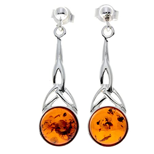 Boucles d'oreilles pendantes ambre baltique et argent cadeau celtique idéal