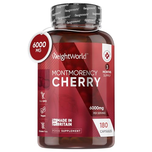 Montmorency Cherry Capsules 6000mg - 180 Tart Cherry Capsules(3 Months Supply)- 50:1 Natural Tart Cherry Extract Supplement for Men & Women - Gluten Free, Vegan, Lab Tested & Non-GMO - Made in The UK