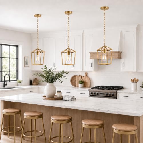 Image of Phaosio Gold Pendant Lights Kitchen Island, Modern Farmhouse Light Fixture | Metal Cage Pendant Light Fixture, Adjustable Height, Sloped Ceiling, Kitchen Lighting for Dining Room, Entryway, Foyer,2 Pack