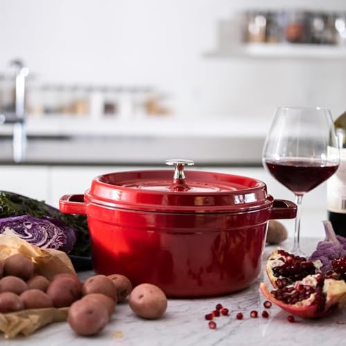 Image of Staub Cast Iron Round Cocotte, Dutch Oven, 4-quart, serves 3-4, Made in France, Cherry