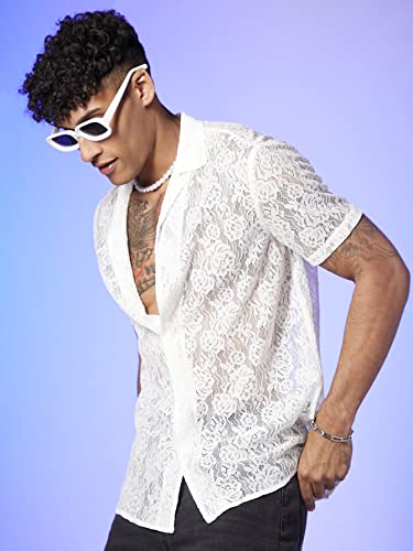 WDIRARA Men's Floral Lace See Through Button Front Short Sleeve Shirt Summer Tee Top3