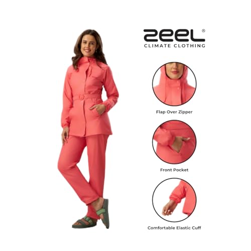 Image of ZEEL Rain Coat for Women Waterproof with Adjustable Hood, Rainwear Suit with Polyester Jacket and Pants for Ladies with Belt, AZ12