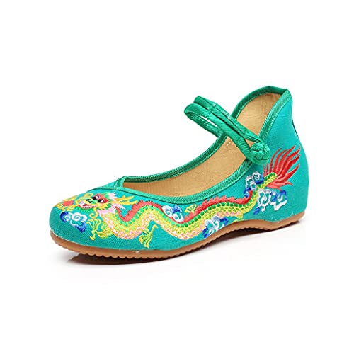Handmade Women Cotton Ballet Flats Embroidery Ladies Shoes Casual Breathable Driving Shoes (Color : Black, Size : 7.5 Size) (Green 9.5 Size)